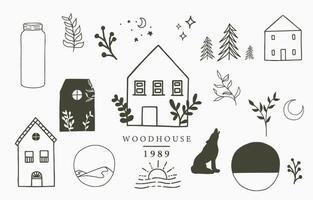 camping ikon samling med vilda,naturliga,djur,blomma,cirkel.vektor illustration för tatuering, tillbehör och interiör vektor