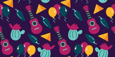 sömlös cinco de mayo vektor mönster bakgrund med jalapeno, gitarr, kaktus och nachos