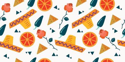 sömlös cinco de mayo vektor mönster bakgrund med jalapeno, rosor, sombrero och nachos