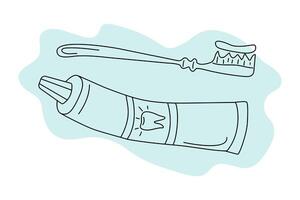 Zahnbürste und Zahnpasta. Zeichnungen, linear Gekritzel Symbole. Zahnheilkunde, Zähne Reinigung, Dental Gesundheit und Weiße. Oral Hygiene. Vektor Grafik. Hintergrund isoliert.