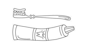 tandborste och rör av tandkräm. ritningar, linjär klotter ikoner. tandvård, tänder rengöring, dental hälsa och vithet. oral hygien. vektor grafik. bakgrund isolerat.