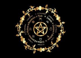 Goldrad des Jahres ist ein jährlicher Zyklus von saisonalen Festen. Wicca-Kalender und Feiertage. Kompass mit Pentagramm, Blumen, heidnisches Symbol der Blätter, keltische Namen der Sonnenwenden, Vektor isoliert