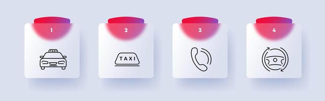 Taxi einstellen Symbol. Auto, Taxi, 24 Stunde Service, Fahren, Fahrzeug, Telefon, Forderung, Herausforderung, Lenkung Rad, drehen, Scheinwerfer, Räder, Zeichen, Hörer, scrollen, Nummerierung. Glasmorphismus Stil. vektor