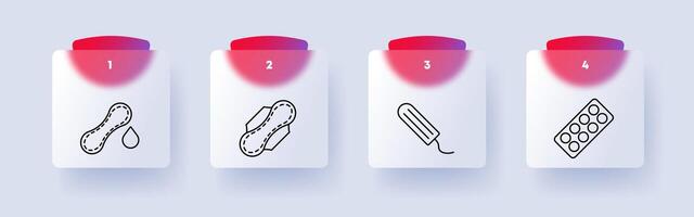 Sex einstellen Symbol. Tampon, Pad, Blut, Pack von Pillen, Verhütungsmittel, eben Design, Nummerierung. Glasmorphismus Stil. vektor