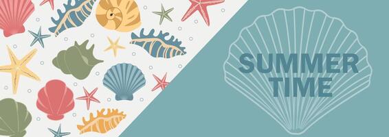 Sommer- Zeit Banner mit bunt Meer Muscheln. modisch Hand gezeichnet Design zum Hintergrund, Mauer Dekor, drucken, Flyer, Abdeckung, Vorlage, Banner, Poster, usw vektor