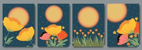 uppsättning av trendig sommar posters med blommor. sommar uppsättning av de sötaste kort eller posters för de sommar Semester med vilda blommor. hand dragen blommig konst mallar. sommar säsong eller naturlig begrepp vektor