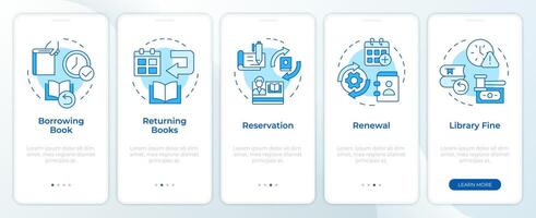 Buch Verkehr Blau Onboarding Handy, Mobiltelefon App Bildschirm. Komplettlösung 5 Schritte editierbar Grafik Anleitung mit linear Konzepte. ui, ux, gui Vorlage. montserrat halbfett, regulär Schriftarten benutzt vektor