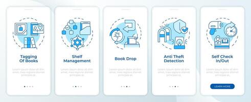 Buch Geschäft Sicherheit Maße Blau Onboarding Handy, Mobiltelefon App Bildschirm. Komplettlösung 5 Schritte editierbar Grafik Anleitung mit linear Konzepte. ui, ux, gui Vorlage. montserrat halbfett, regulär Schriftarten benutzt vektor