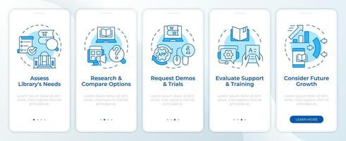 Buch Geschäft Verwaltung Software Blau Onboarding Handy, Mobiltelefon App Bildschirm. Komplettlösung 5 Schritte editierbar Grafik Anleitung mit linear Konzepte. ui, ux, gui Vorlage. montserrat halbfett, regulär Schriftarten benutzt vektor