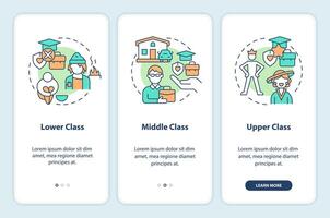 Klasse Struktur Onboarding Handy, Mobiltelefon App Bildschirm. Sozial Schichtung Komplettlösung 3 Schritte editierbar Grafik Anleitung mit linear Konzepte. ui, ux, gui Vorlage vektor