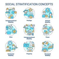 social stratifiering och rörlighet mång Färg begrepp ikoner. socioekonomiska status. samhälle strukturera. ikon packa. vektor bilder. runda form illustrationer. abstrakt aning. lätt till använda sig av i artikel