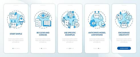 design prompt steg blå onboarding mobil app skärm. genomgång 5 steg redigerbar grafisk instruktioner med linjär begrepp. ui, ux, gui mall vektor