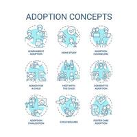 adoption mjuk blå begrepp ikoner. Rättslig bearbeta steg. passande föräldrar. på vilket sätt till anta barn. föräldrar rätt överföra. ikon packa. vektor bilder. runda form illustrationer. abstrakt aning