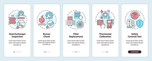 uppvärmning inspektion onboarding mobil app skärm. hvac genomgång 5 steg redigerbar grafisk instruktioner med linjär begrepp. ui, ux, gui mall vektor