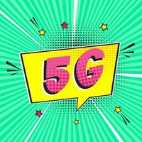 5g neue drahtlose Internet-WLAN-Verbindung Comic-Stil Sprechblase Ausrufetext 5g flache Design-Vektor-Illustration auf Strahlen Hintergrund isoliert. neues mobiles Internet 5g-Zeichensymbol im Ballon. vektor