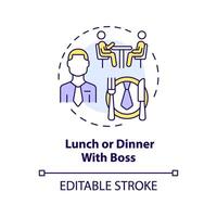 Mittagessen oder Abendessen mit Boss multi Farbe Konzept Symbol. Boss und Mitarbeiter einer auf einer treffen. Geschäft Mahlzeit. Mitarbeiter Erkennung. runden gestalten Linie Illustration. abstrakt Idee. Grafik Design. einfach zu verwenden vektor
