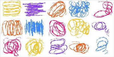 uppsättning av tilltrasslad kritor klottra linje konst. hand dragen kaos linje, abstrakt, rörig, penna, vektor illustration