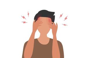 unzufrieden Mann haben Migräne Kopfschmerzen Vektor Illustration. Gesundheit Problem Konzept