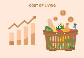 Lebensmittelgeschäft Einkaufen Korb mit hoch Graph. Kosten von Leben, Wachstum von Lebensmittelgeschäft Preis, wirtschaftlich Inflation Vektor Illustration