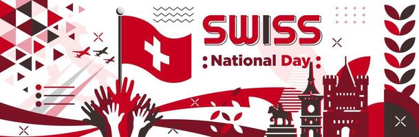 Schweiz Unabhängigkeit Tag Banner Design. National Tag von schweizerisch Hintergrund Design mit Karte, Flagge, Wahrzeichen. schweizerisch rot Weiß Thema geometrisch abstrakt retro modern Vektor Illustration