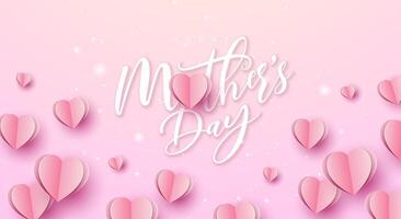 Lycklig mors dag baner eller vykort med papper hjärtan och typografi brev på rosa bakgrund. vektor mamma firande design med symbol av kärlek för hälsning kort, flygblad, inbjudan, broschyr
