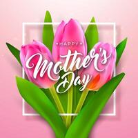 glücklich Mutter Tag Gruß Karte Design mit Frühling Tulpe Blume und Typografie Brief auf Licht Rosa Hintergrund. Vektor Feier Illustration Vorlage zum Banner, Flyer, Einladung, Broschüre