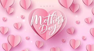 Lycklig mors dag baner eller vykort med papper hjärtan och typografi brev på rosa bakgrund. vektor mamma firande design med symbol av kärlek för hälsning kort, flygblad, inbjudan, broschyr