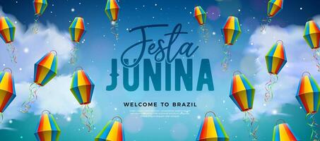 festa junina illustration med papper lykta och typografi text på blå molnig himmel bakgrund. vektor Brasilien juni sao joao festival design för baner, hälsning kort, inbjudan eller Semester affisch