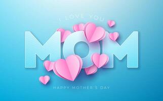 Lycklig mors dag vykort med papper hjärtan och jag kärlek du typografi text på rosa bakgrund. vektor bäst mamma firande design med symbol av kärlek för hälsning kort, baner, flygblad