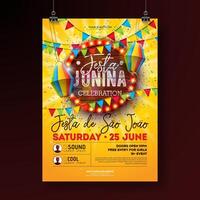 festa junina fest flygblad illustration med papper lykta och retro ljus Glödlampa anslagstavla med trä textur bakgrund. vektor Brasilien juni sao joao festival design för inbjudan eller Semester firande