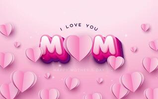 glücklich Mütter Tag Gruß Postkarte mit Papier Herzen und 3d Typografie Beschriftung auf Rosa Hintergrund. Vektor ich Liebe Mama Feier Design mit Symbol von Liebe zum Postkarte, Banner, Flyer, Einladung