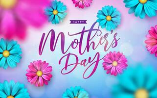 Lycklig mors dag vykort illustration med vår blomma och typografi brev på blå bakgrund. mor dag vektor firande design för baner, hälsning kort, flygblad, inbjudan, broschyr
