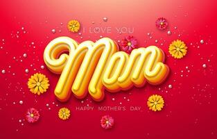 Lycklig mors dag illustration med vår blomma och 3d mamma typografi text på röd bakgrund. vektor mor dag design för hälsning kort, baner, flygblad, broschyr, affisch.