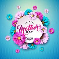 glücklich Mutter Tag Gruß Karte Design mit Blume und Typografie Brief auf Blau Hintergrund. Vektor Feier Illustration Vorlage zum Banner, Flyer, Einladung, Broschüre, Poster.