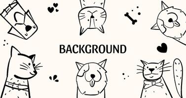 Hintergrund mit Porträts von Hunde und Katzen. Poster mit komisch Haustiere. Karte mit Tiere. Vektor Illustration im Gekritzel Stil.