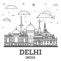 Gliederung Delhi Indien Stadt Horizont mit historisch Gebäude isoliert auf Weiß. Illustration. Delhi Stadtbild mit Sehenswürdigkeiten. vektor