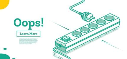 isometrisch nicht angeschlossen elektrisch Stecker und Steckdose isoliert auf Weiß Hintergrund. minimalistisch Design von 404 Error Buchseite. modern elektrisch Erweiterung Kabel. Leistung Tafel mit fünf Schlüssel. vektor