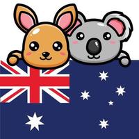 Känguru und süßer Koala mit australischer Flagge vektor