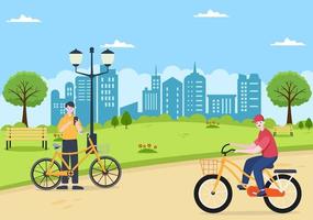 Fahrrad flache Vektorgrafik. Menschen, die Fahrrad, Sport und Freizeitaktivitäten im Freien auf Parkstraßen oder Autobahnen fahren, leben einen gesunden Lebensstil vektor