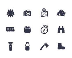 vandring, camping ikoner på vitt vektor