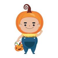glad halloween söt pojke förklädnad av pumpa karaktär vektor