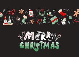 Weihnachten horizontaler Hintergrund mit Kritzeleien und Schriftzug. frohe weihnachten inschrift. Vektorillustration mit handgezeichneten Elementen vektor