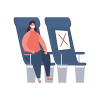 ung kvinna som bär medicinsk mask sittande i flygplansstol vektor