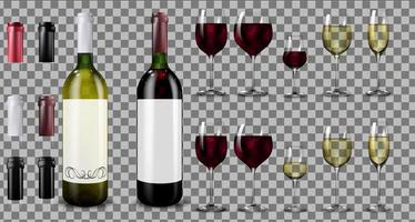 röda och vita vinflaskor och glas. realistisk mockup vektor