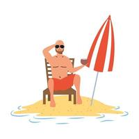 Mann entspannt am Strand in Stuhl und Sonnenschirm sitzend vektor