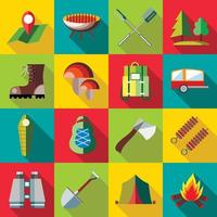 Camping Icons Set, flacher Stil vektor