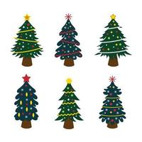 Set von 6 weihnachtlich geschmückten Weihnachtsbäumen auf weißem Hintergrund - Vektor