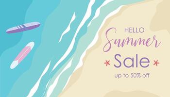 Hej sommar horisontell försäljning bakgrund. sommar baner med hav, sand och surfbrädor. sommar försäljning baner. vektor illustration sommar hälsning.