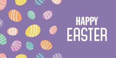glücklich Ostern Banner mit farbig dekorativ Eier auf violett Hintergrund. Ostern Eier dekorativ Hintergrund. glücklich Ostern Header, Poster, Gruß Karte. modisch Ostern Design vektor