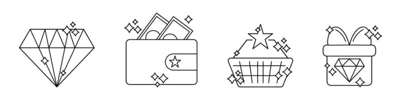 exklusiv fördelar ikon samling. diamant och gåva låda, plånbok, handla vagn ikoner uppsättning. vektor